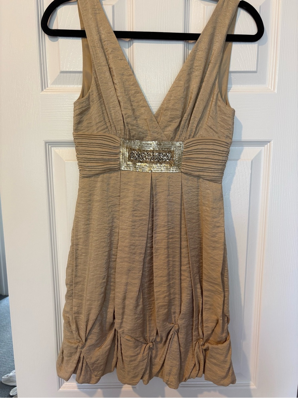 BCBGMaxAzria Beige Sleeveless V-Neck Mini Dress with Sequin Waist